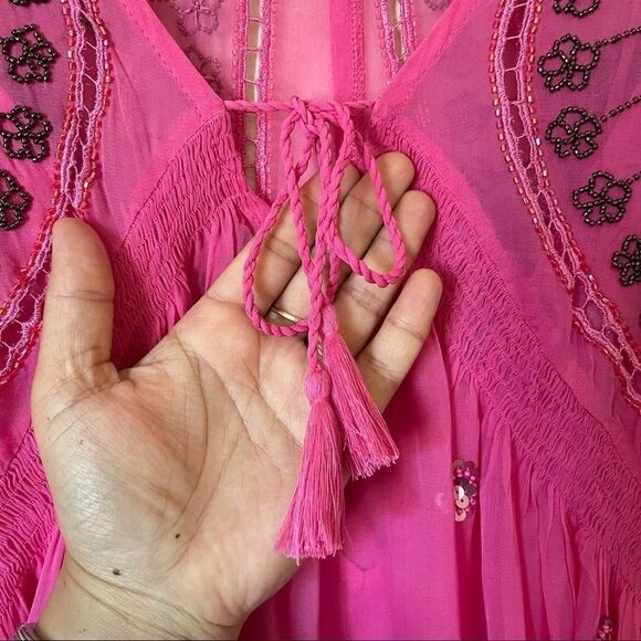 Free People Neon Moon Pink Embellished Babydoll Mini Dress NWT Boho SMALL - Picture 4 of 10